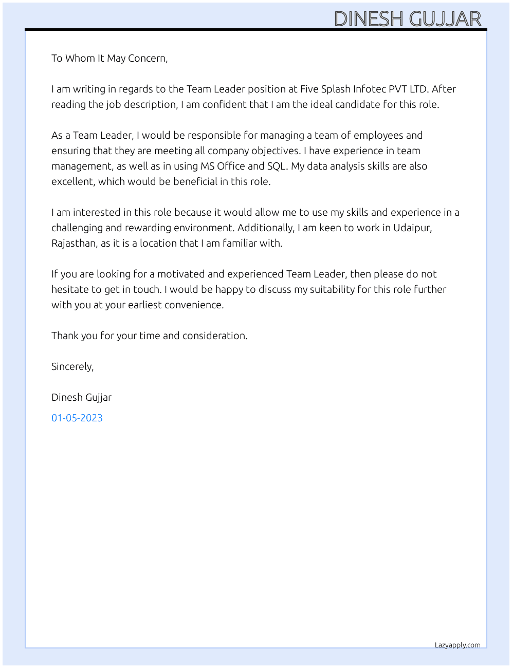 Team Leader  At Five Splash Infotec PVT LTD Cover Letter