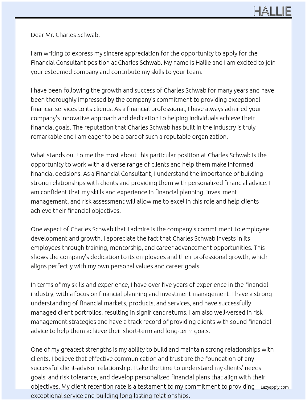 finanical consultant At Charles Scwhab Cover Letter