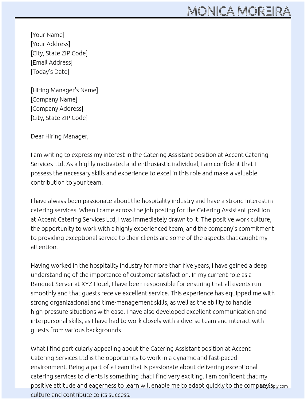 Catering  Assistant At Accent Catering Services Ltd Cover Letter
