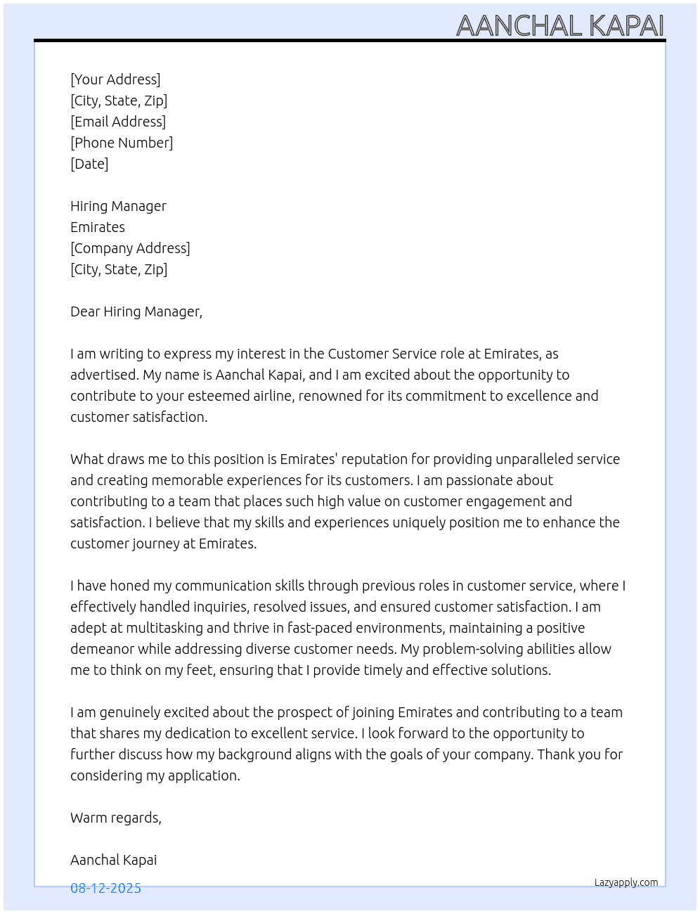 Customer service role At Emirates Cover Letter