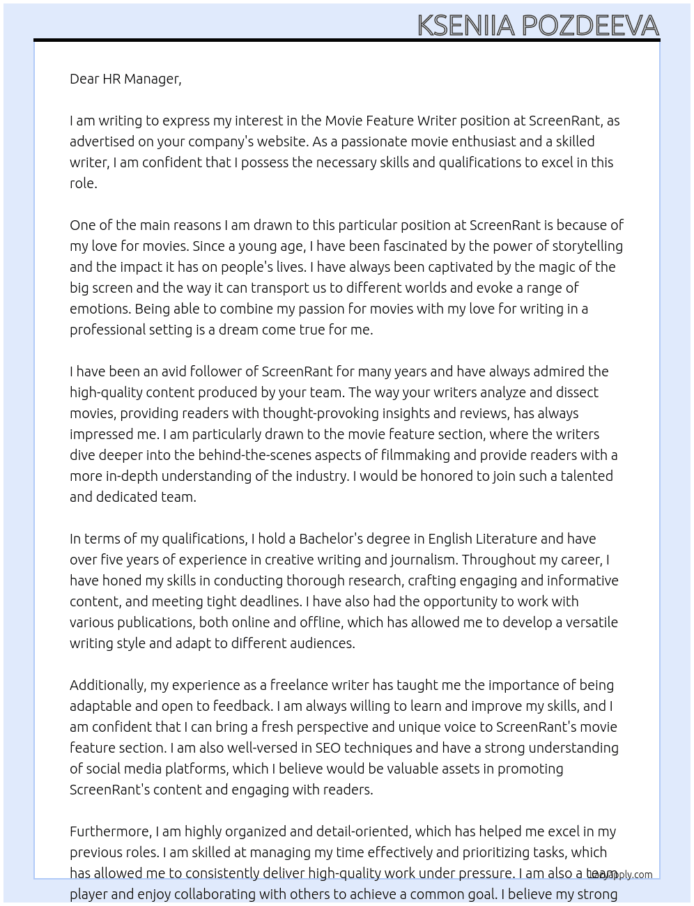 Movie Feauture Writer At ScreenRant Cover Letter