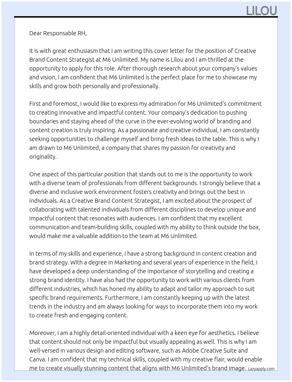 Creative Brand Content Strategist At M6 Unlimited Cover Letter