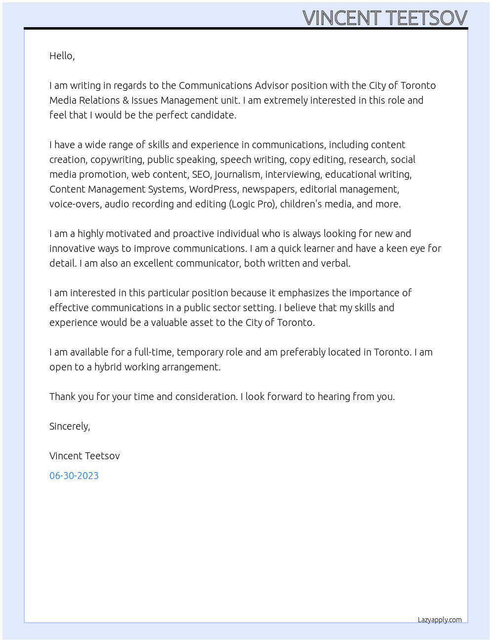 Communications Advisor At the City of Toronto Media Relations & Issues Management unit Cover Letter