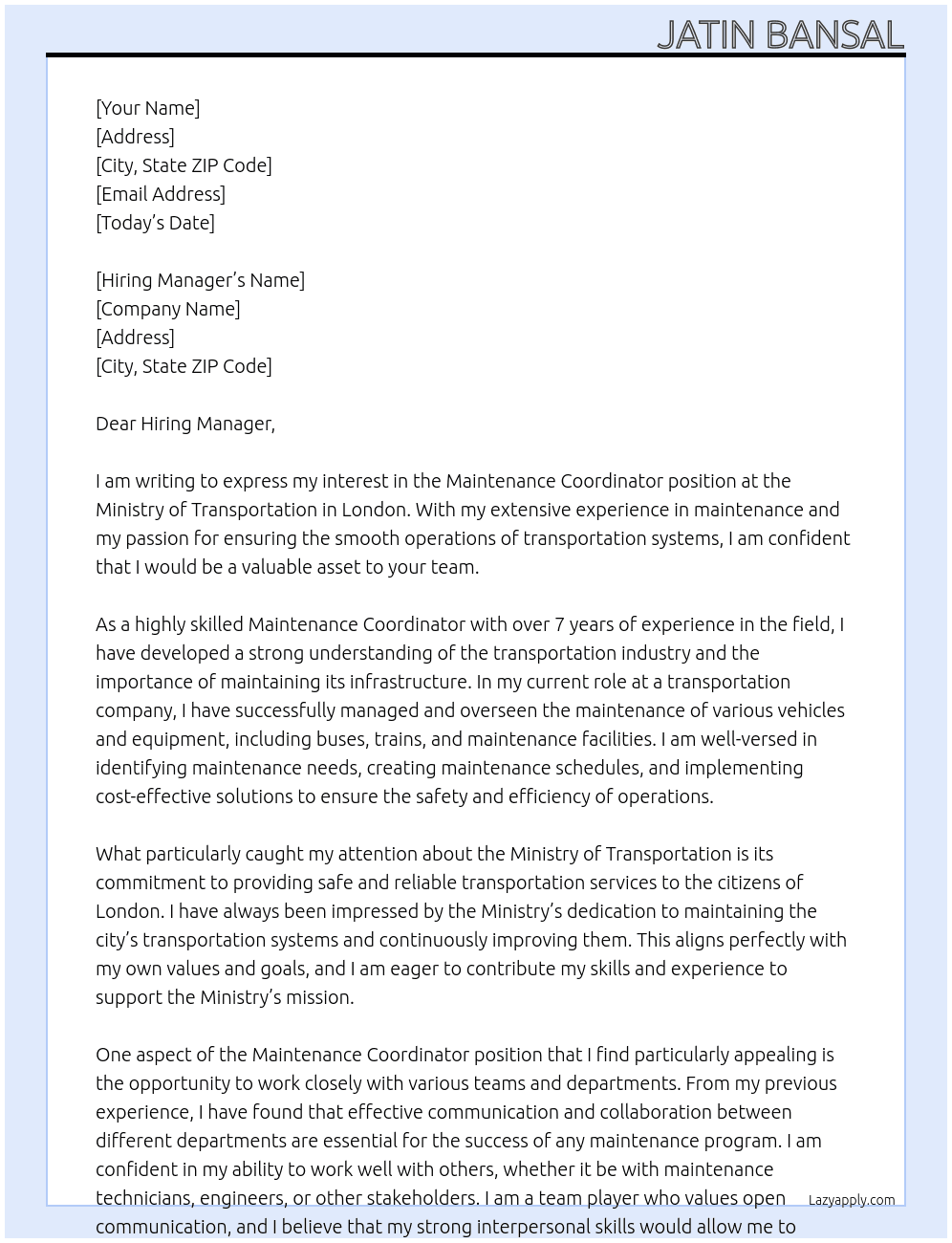 Maintenance Coordinator At Ministry of Transportation Cover Letter