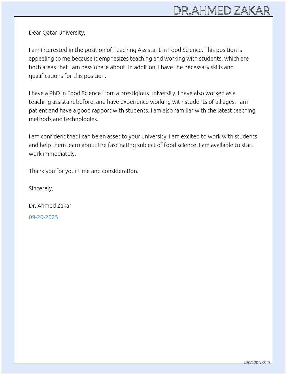 Teaching Assistant in Food Science At Qatar University  Cover Letter