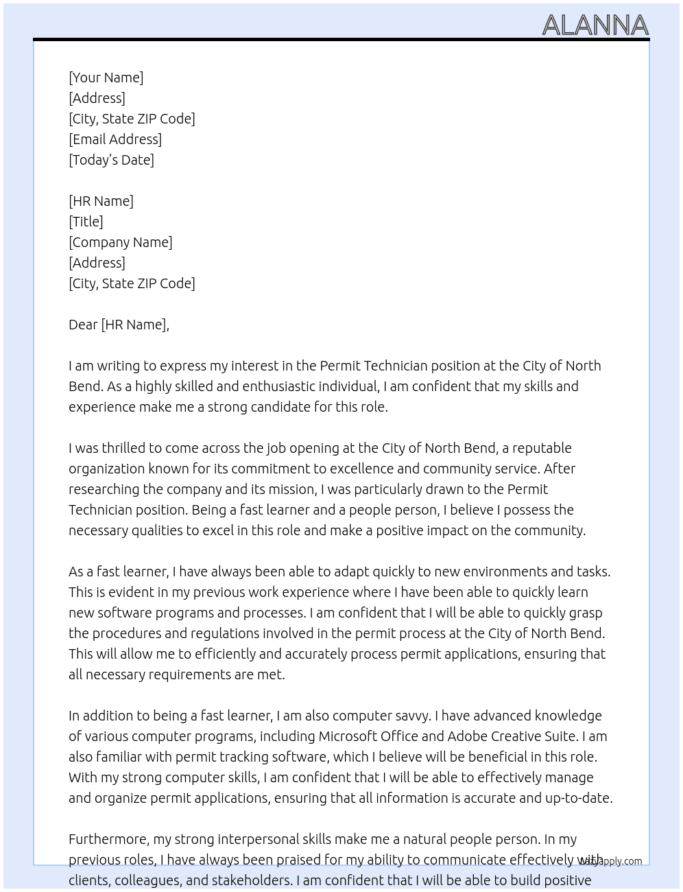 Permit Technician  At City of North Bend Cover Letter