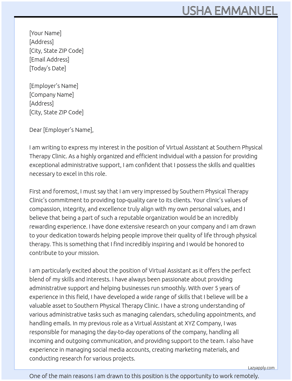 Virtual assistant  At Southern Physical Therapy Clinic  Cover Letter