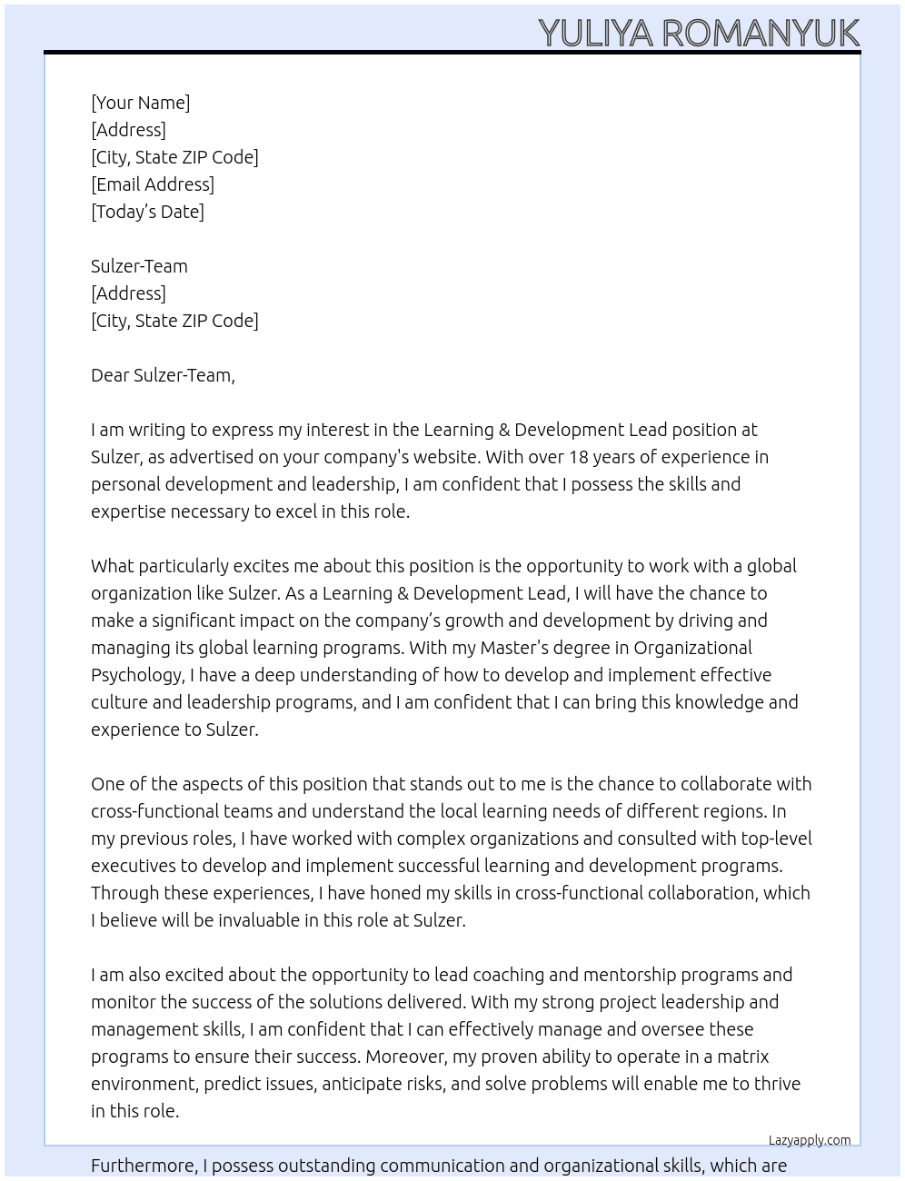Learning & Development Lead At Sulzer Cover Letter