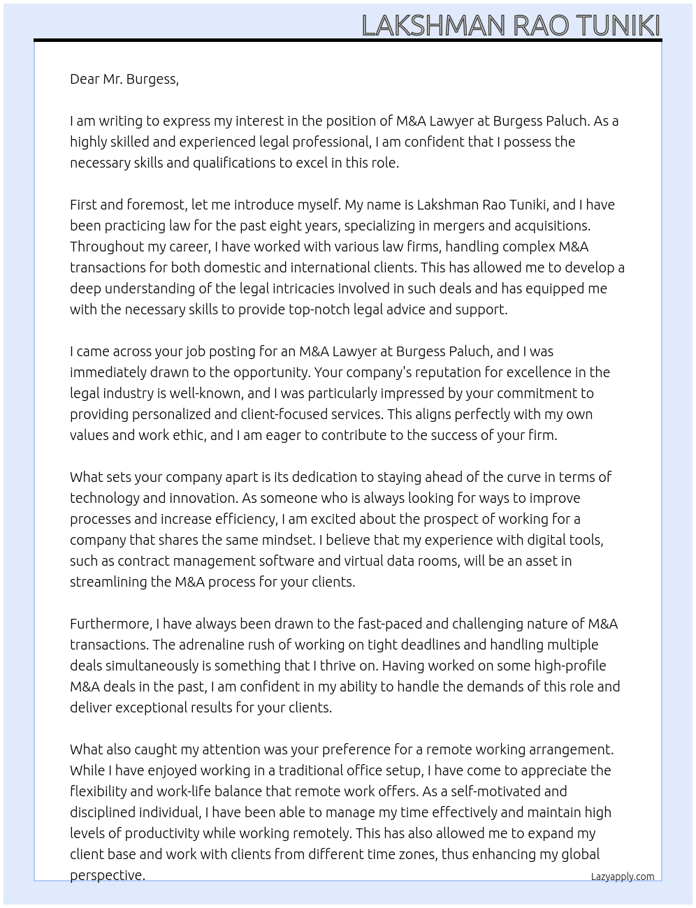 M & A Lawyer At Burgess Paluch Cover Letter