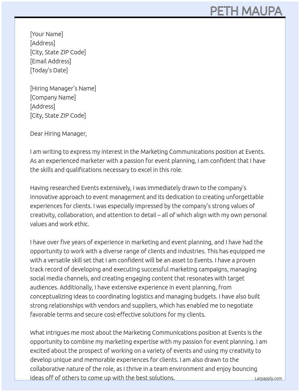 Marketing communications  At Events  Cover Letter