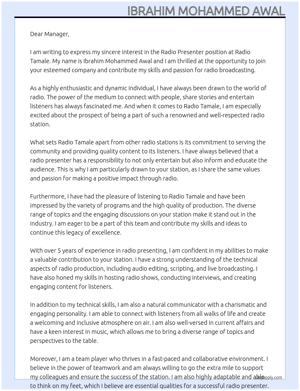 RADIO PRESENTER At RADIO TAMALE Cover Letter
