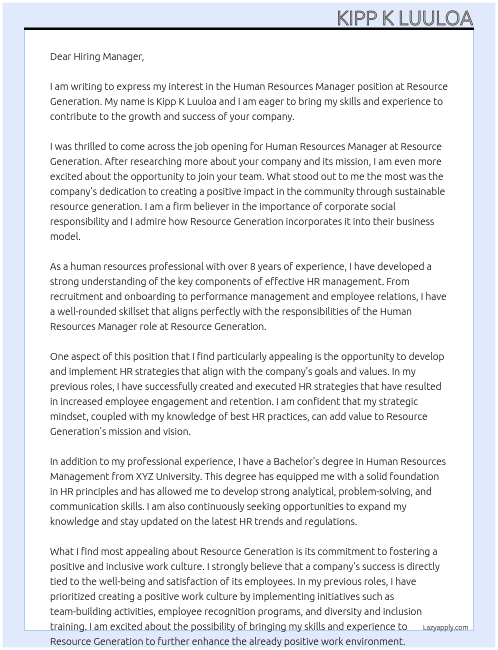 Human Resources Manager At Resource Generation Cover Letter