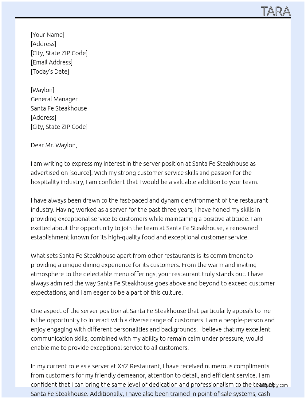 server At Santa Fe Steakhouse Cover Letter