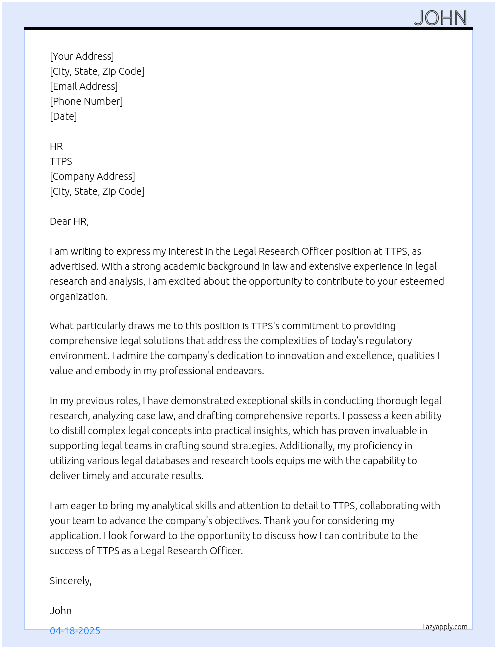 Legal Research Officer  At TTPS  Cover Letter