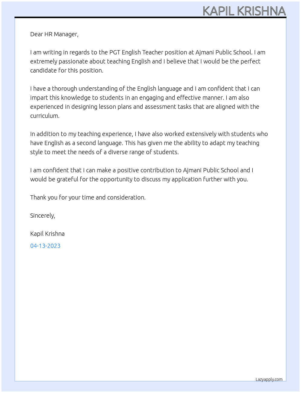PGT English Teacher At Ajmani Public School Cover Letter