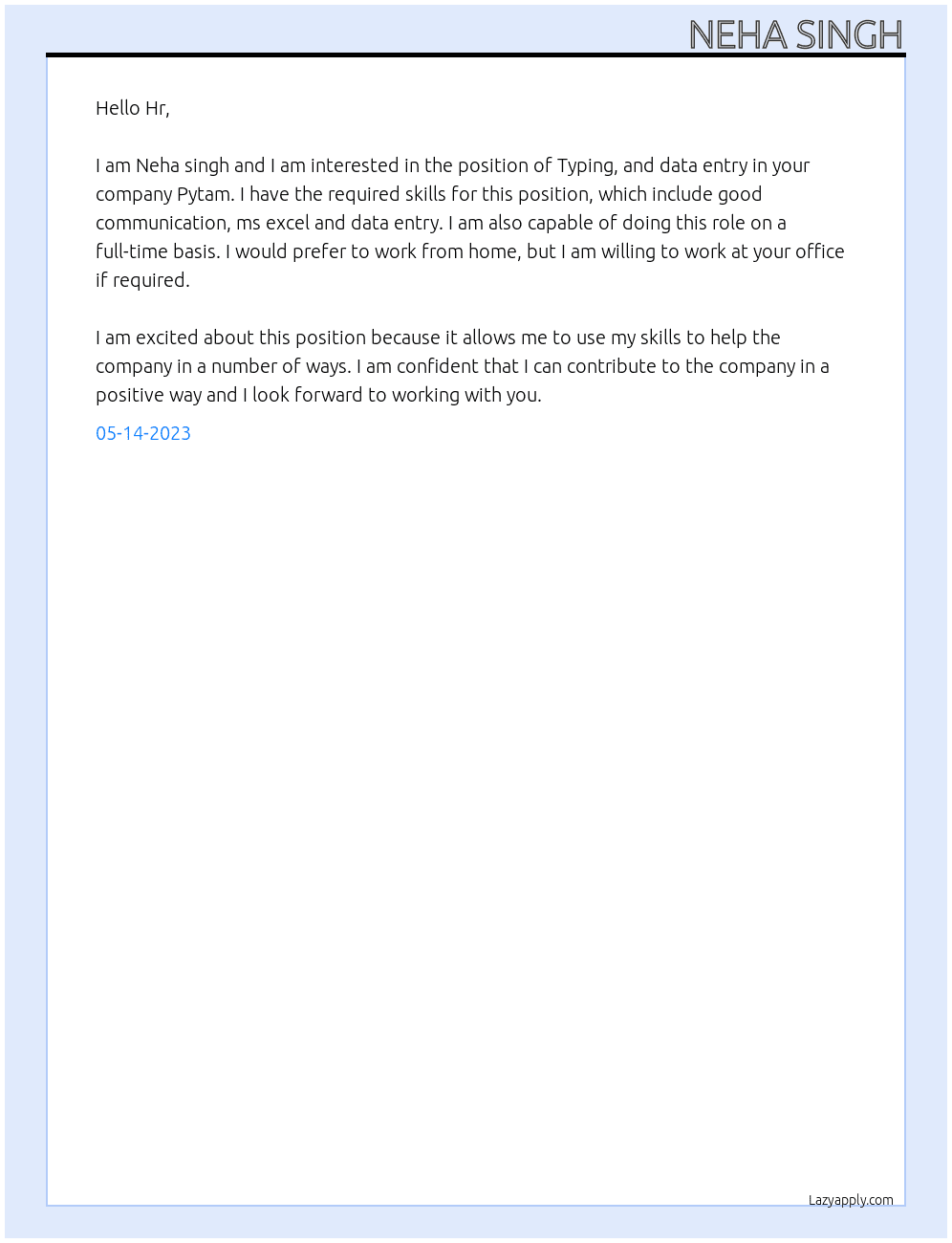 Typing, and data entry At Pytam Cover Letter