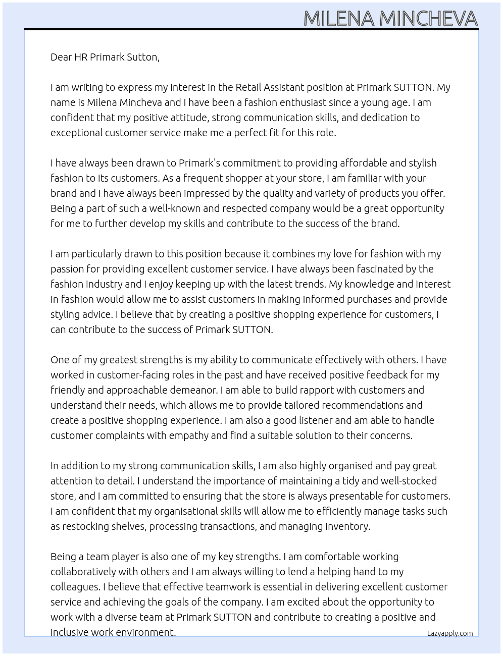 Retail Assistant At Primark SUTTON Cover Letter