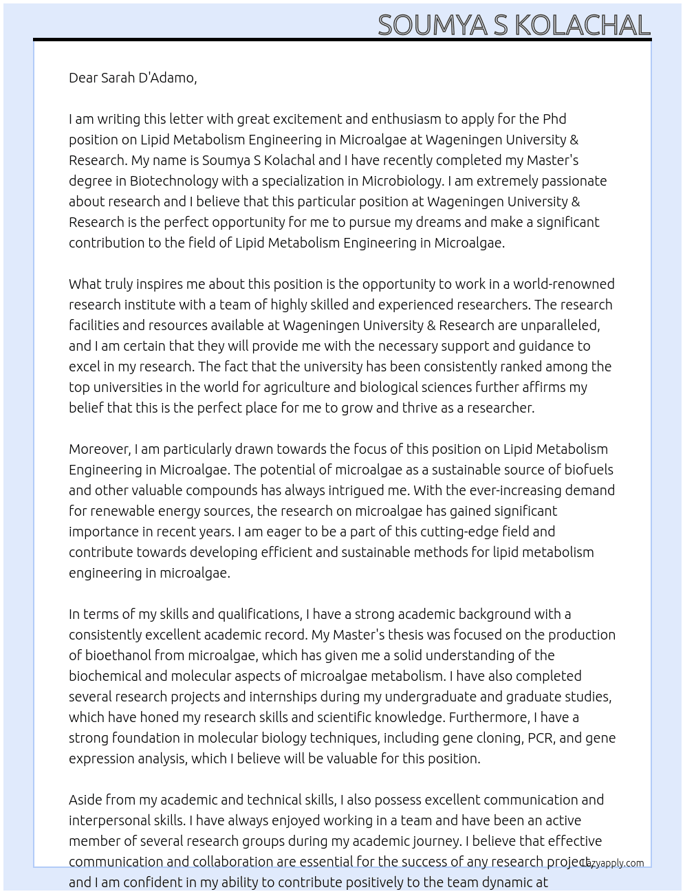 Phd position on Lipid Metabolism Engineering in Microalgae At Wageningen University & Research Cover Letter