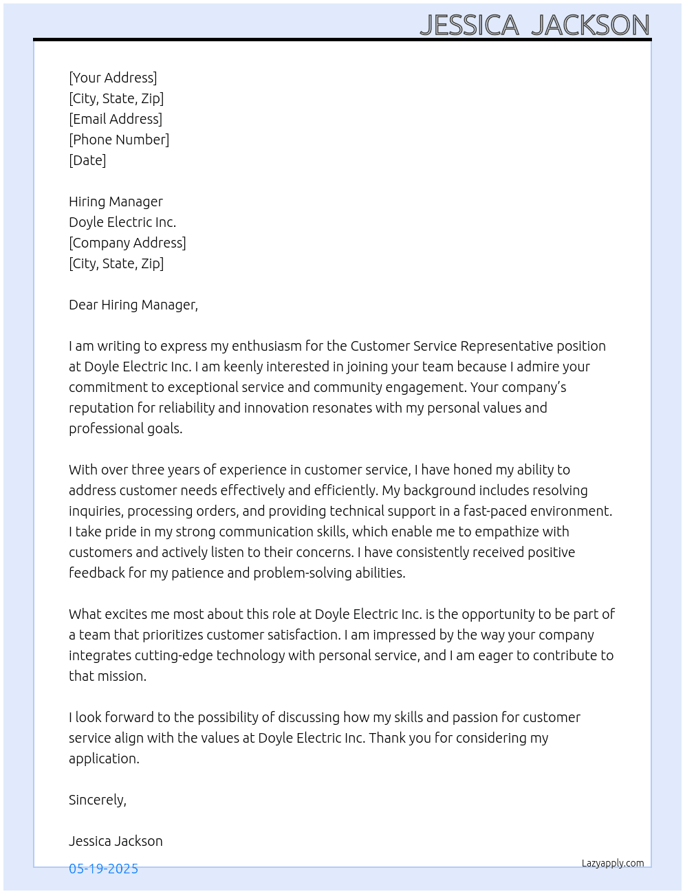 Customer Service Representative At Doyle Electric Inc. Cover Letter