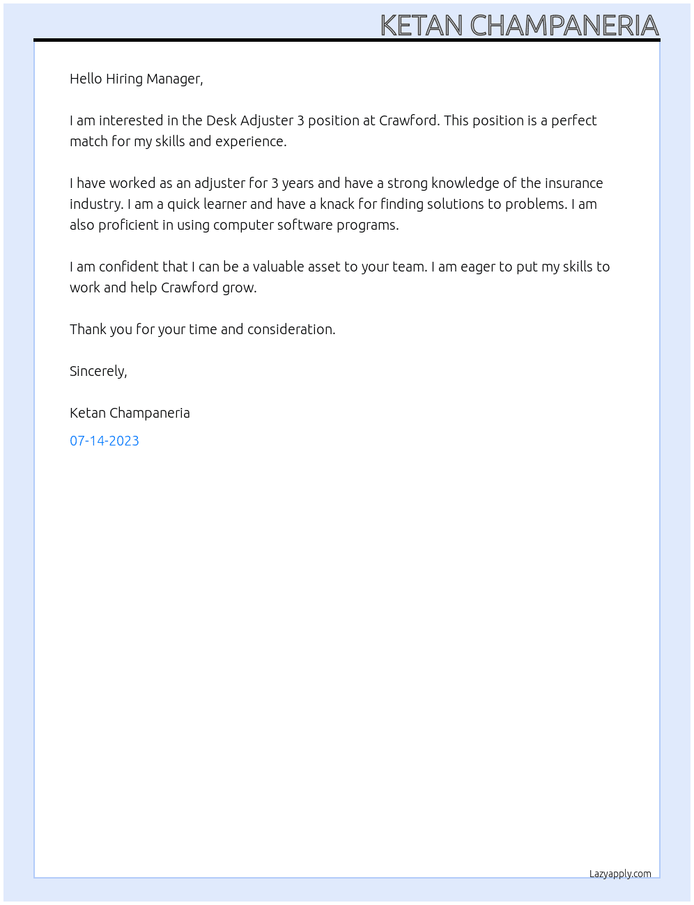 Desk Adjuster 3 At Crawford Cover Letter