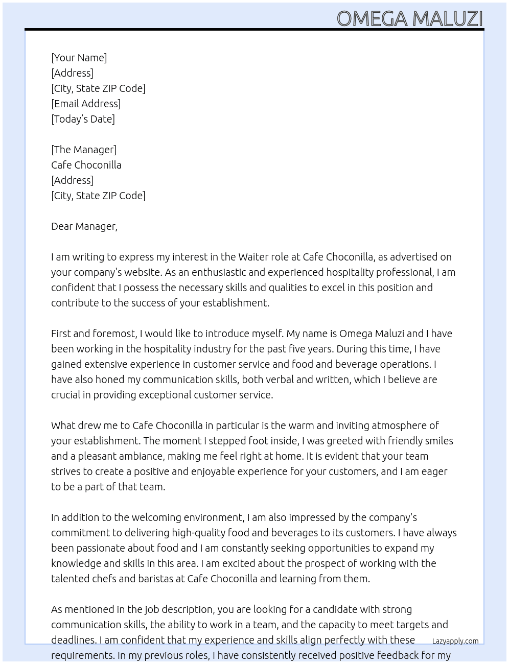 Waiter At Cafe choconilla Cover Letter