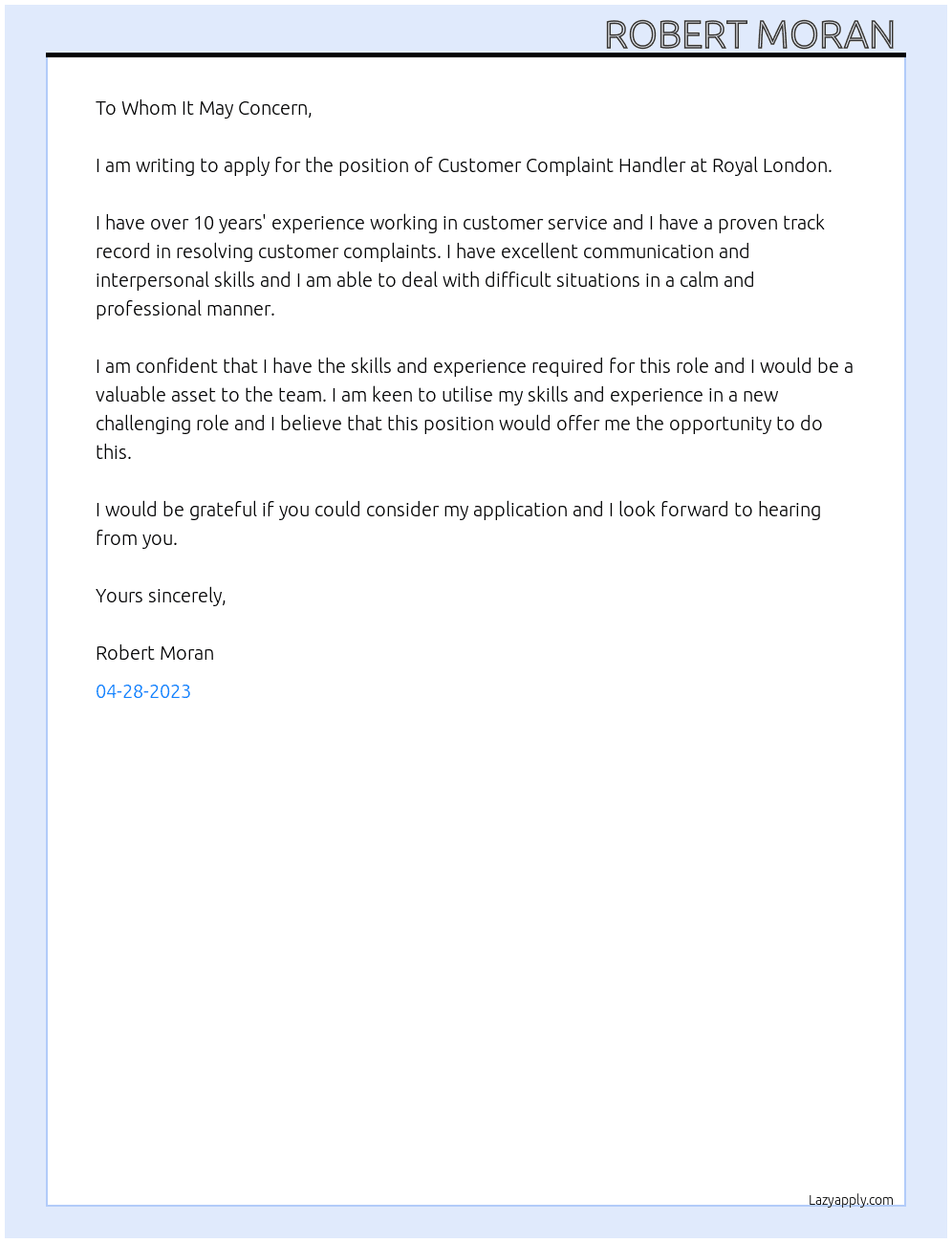 Customer complaint handler At Royal London  Cover Letter
