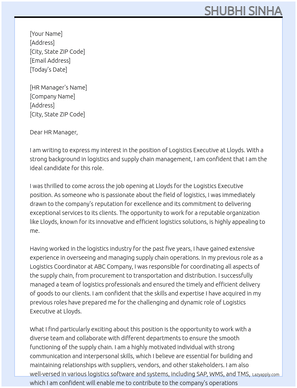 Logistics Executive At Lloyds Cover Letter