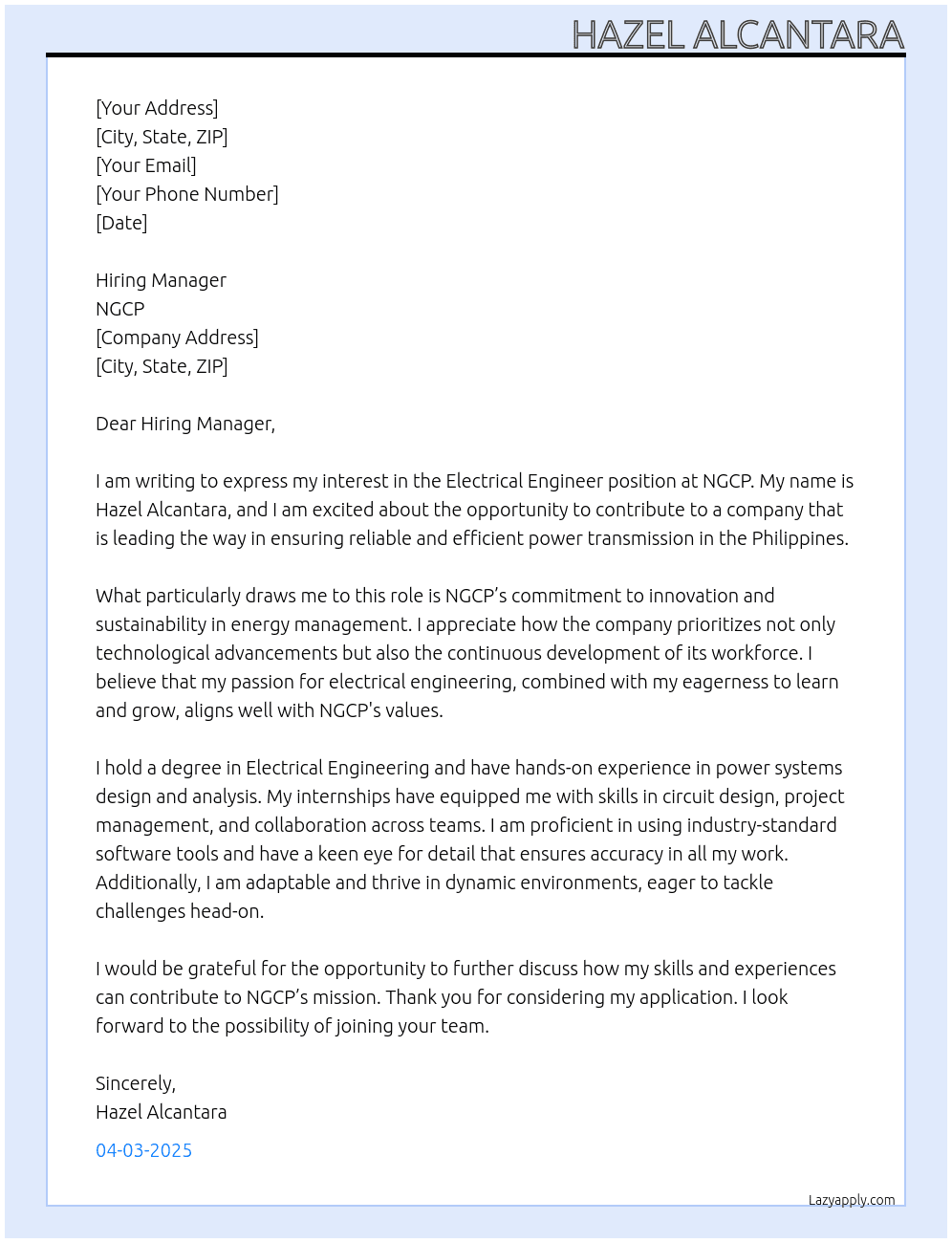 electrical engineer At ngcp Cover Letter