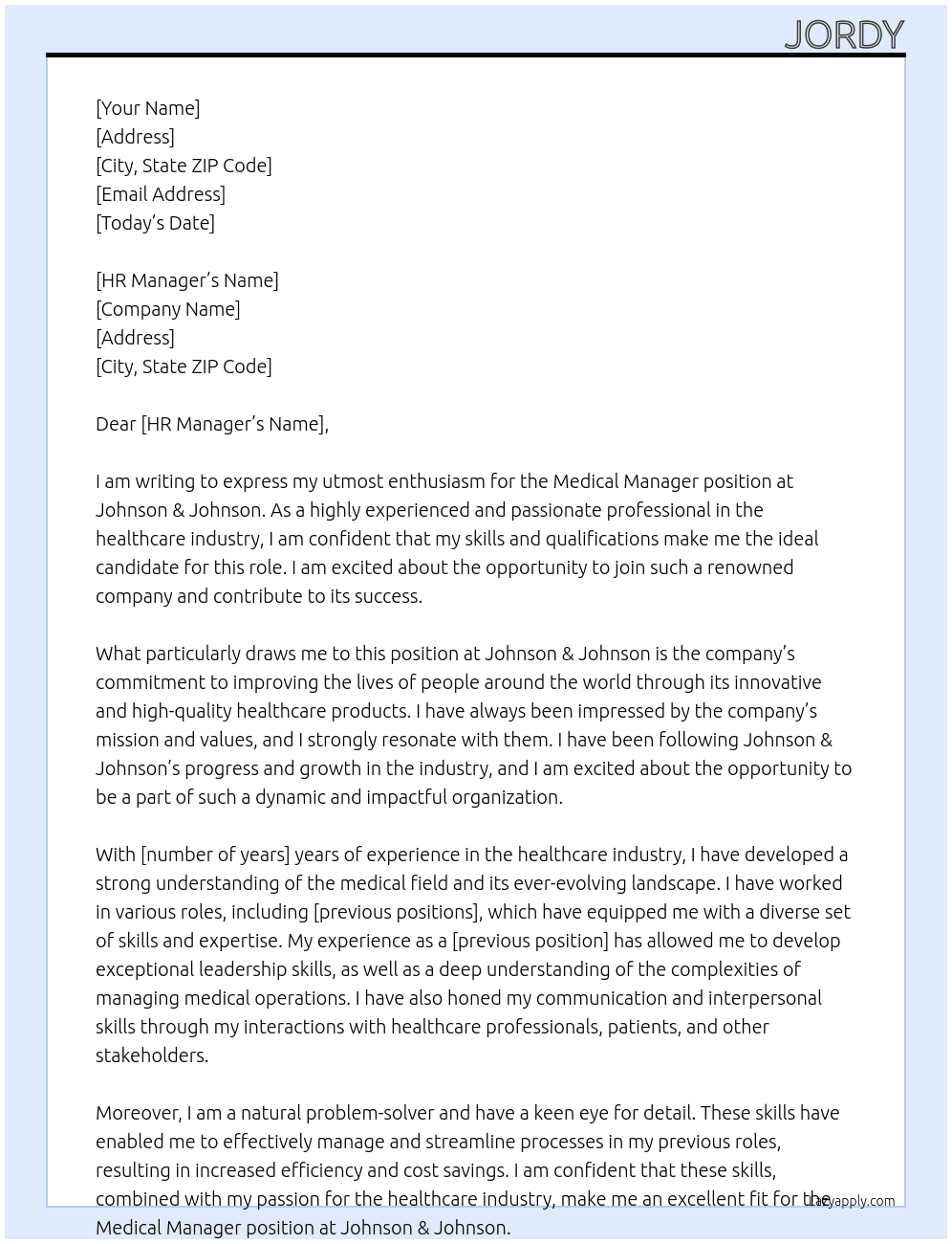 medical manager At Johnson & Johnson Cover Letter