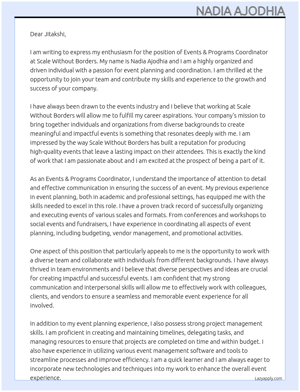 Cover letter for events & programs coordinator - LazyApply