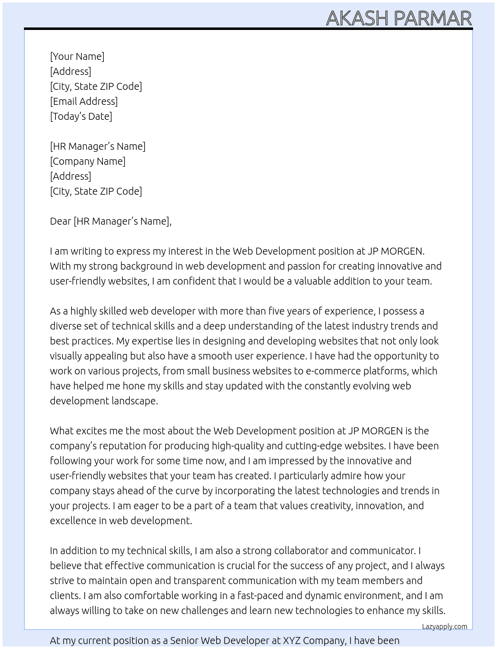 web delopment At JP MORGEN Cover Letter