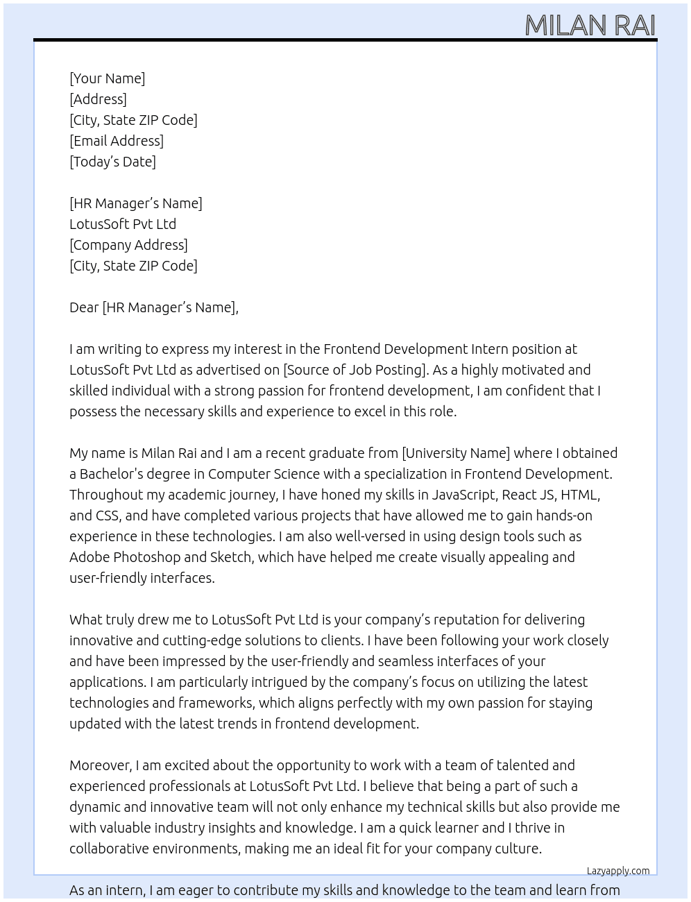 frontend development intern At LotusSoft Pvt Ltd Cover Letter