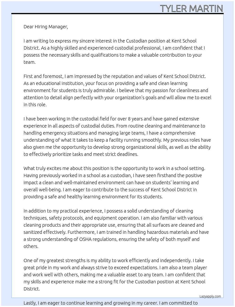 Custodian At Kent School District Cover Letter