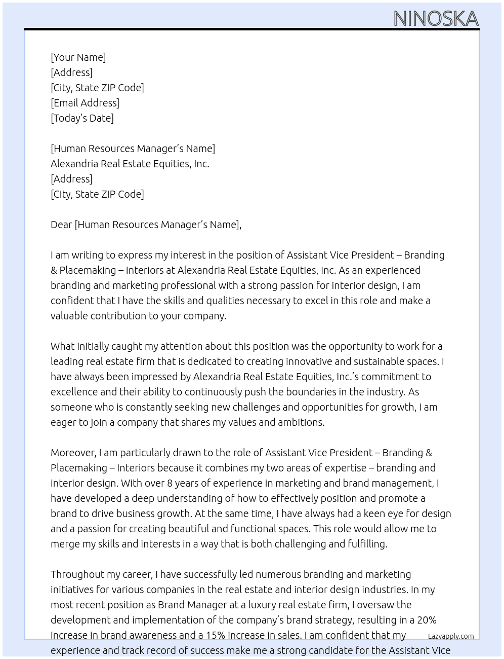 Assistant Vice President – Branding & Placemaking – Interiors At Alexandria Real Estate Equities, Inc. Cover Letter