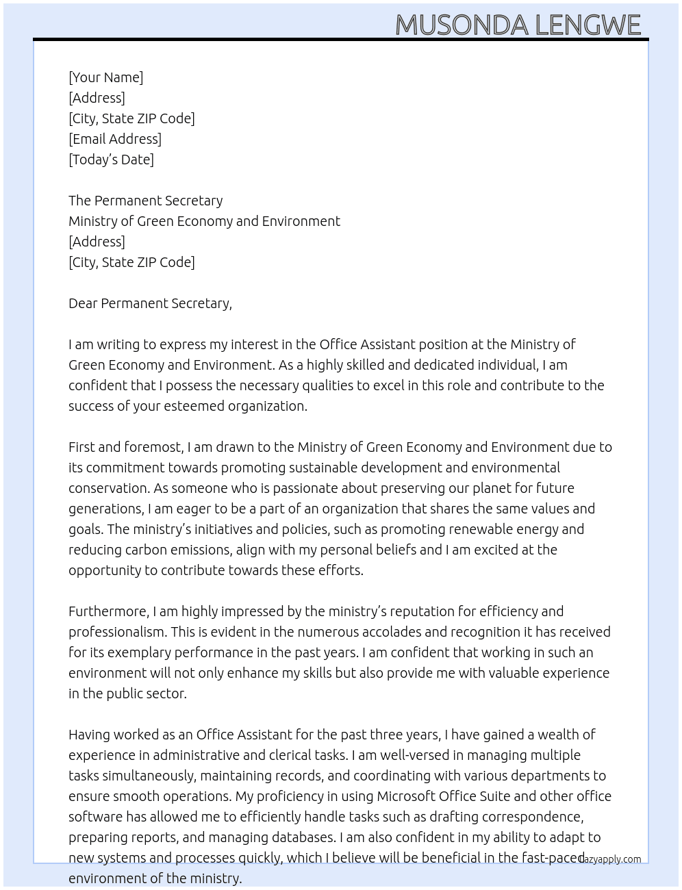An Office Assistant  At Ministry of Green Economy and Environment  Cover Letter