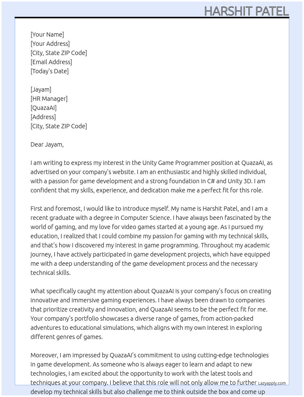 Unity Game Programmer At QuazaAI Cover Letter