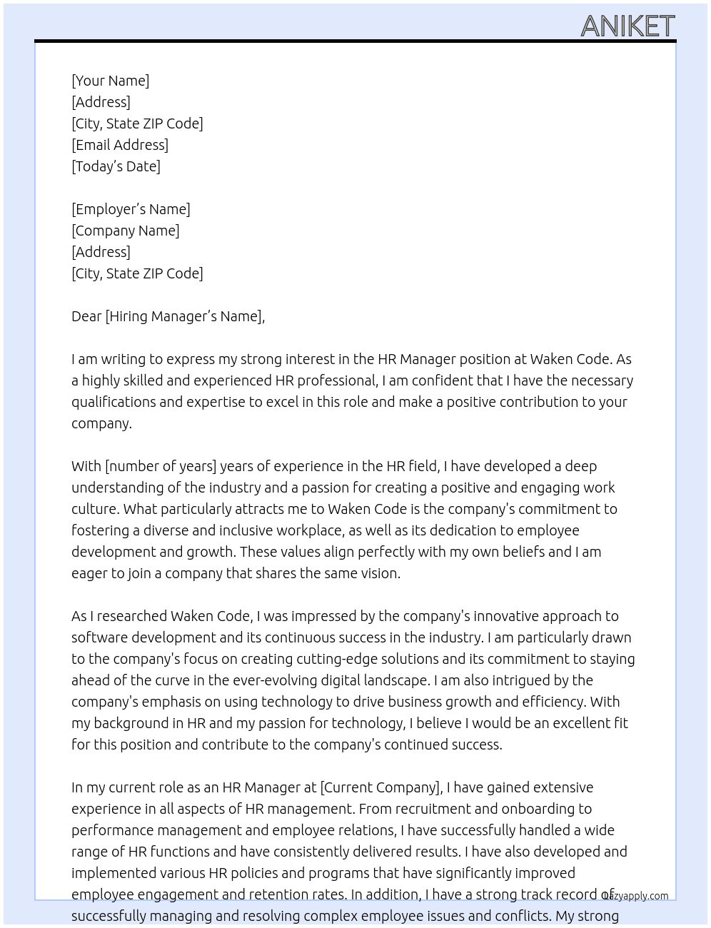 HR Manager At waken code Cover Letter