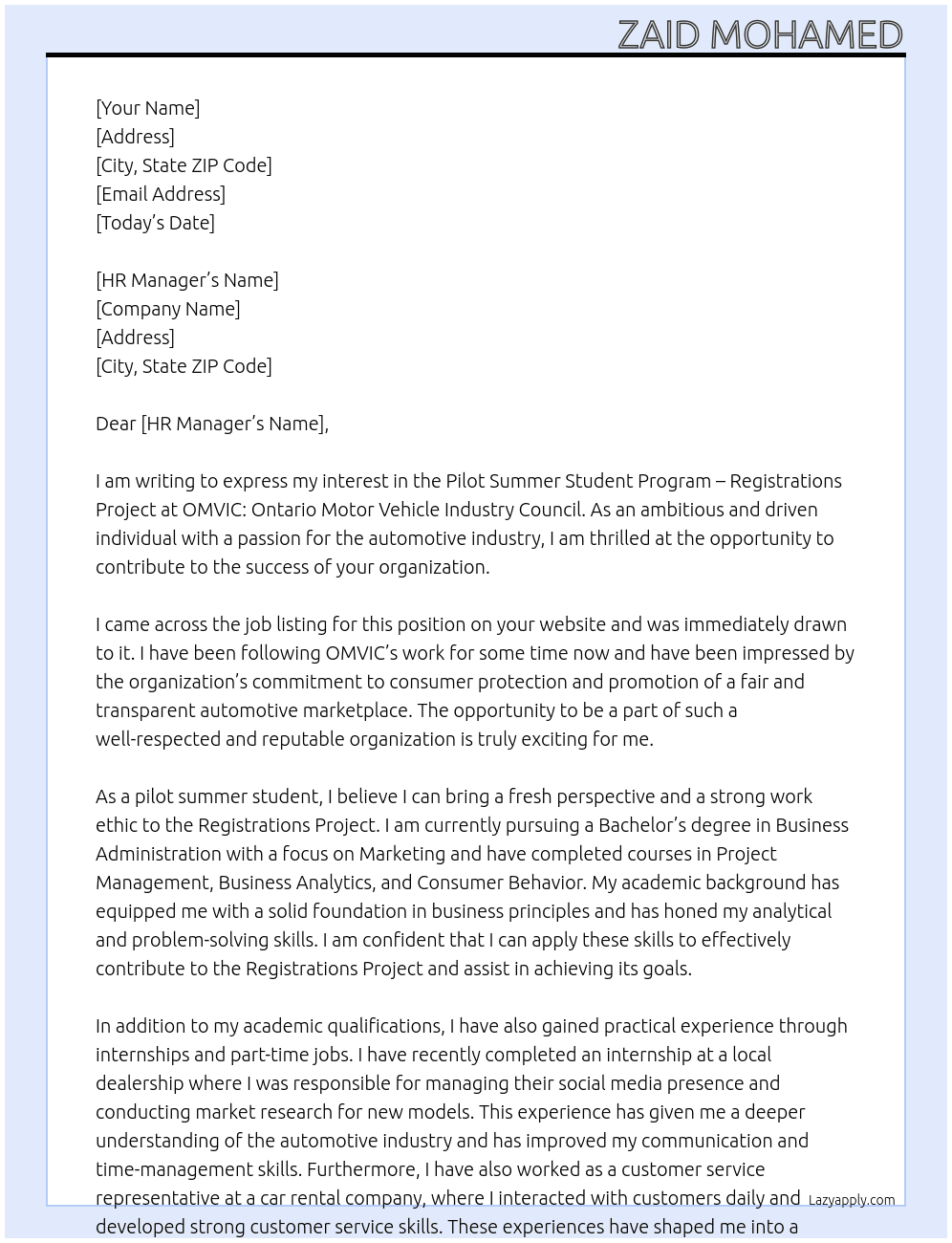 Pilot SUmmer Student Program - Registrations Project At OMVIC: Ontario Motor Vehicle Industry Council Cover Letter