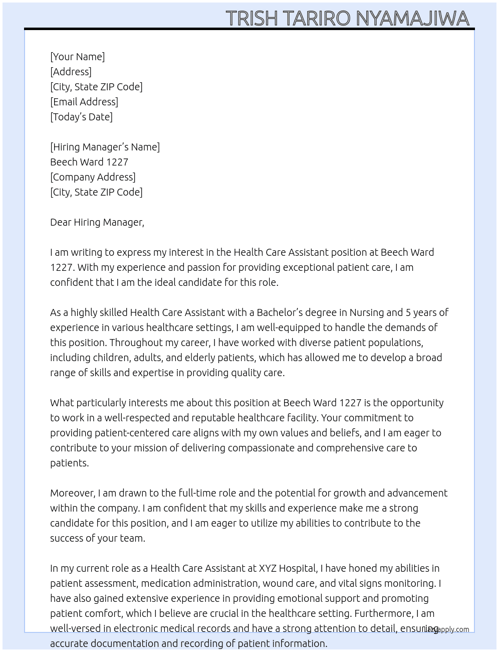 Health care assistant  At Beech Ward 1227 Cover Letter