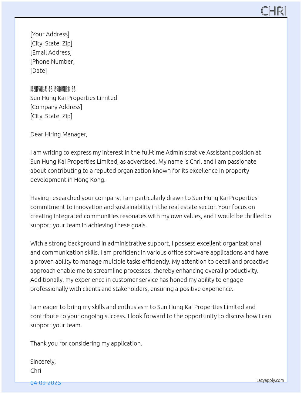 Administrative Assistant At Sun Hung Kai Properties Limited Cover Letter