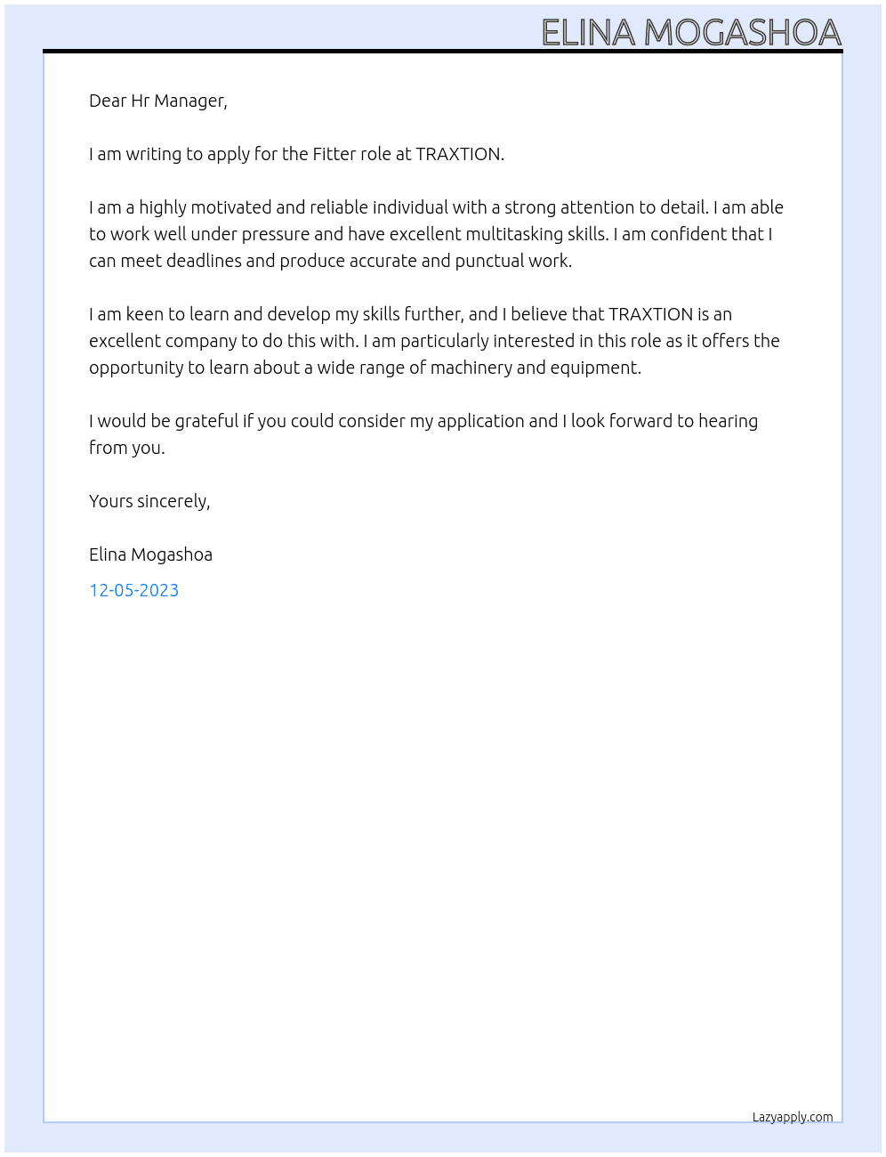 Fitter  At TRAXTION Cover Letter