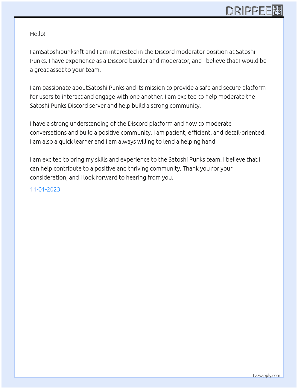 Discord moderator At Satoshi Punks Cover Letter