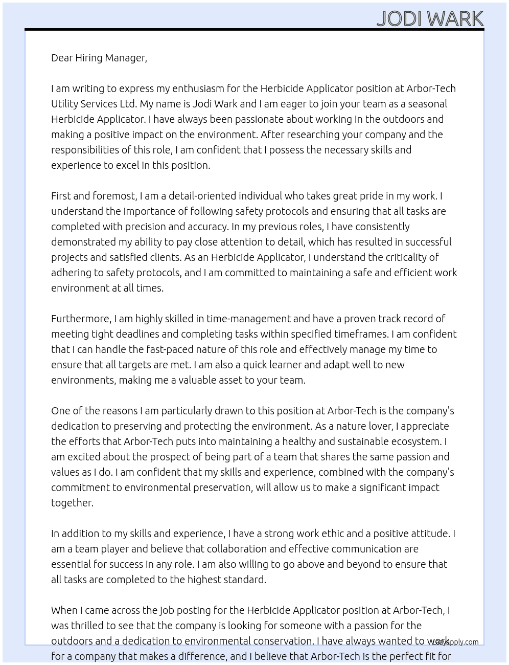 Herbicide Applicator  At Arbor-Tech Utility Services Ltd  Cover Letter