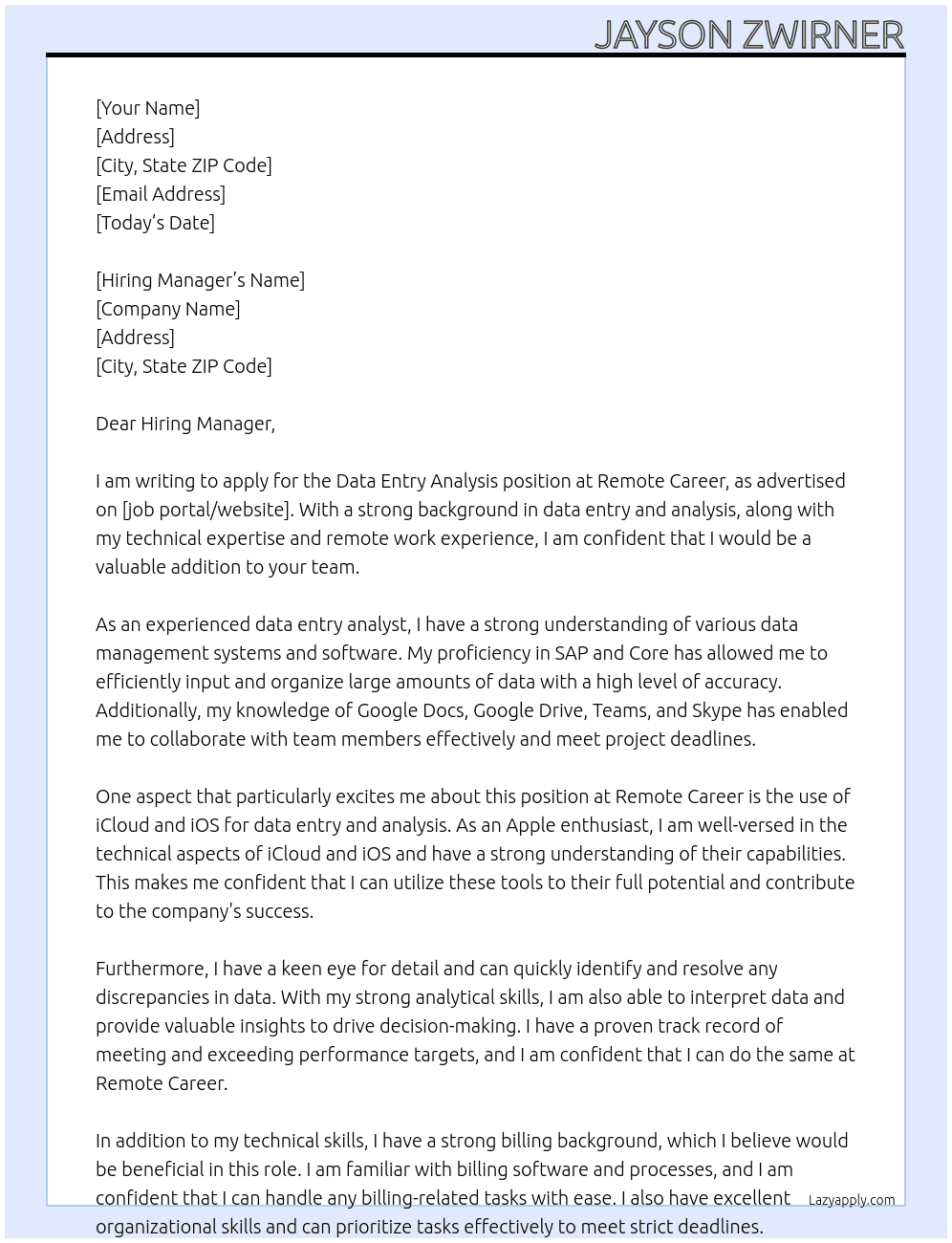 Data Entry Analysis At Remote Career Cover Letter