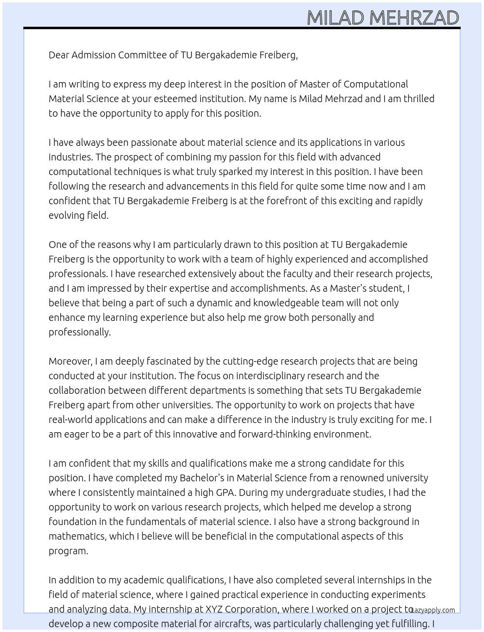 Master of Computational Material Science At TU Bergakademie Freiberg Cover Letter