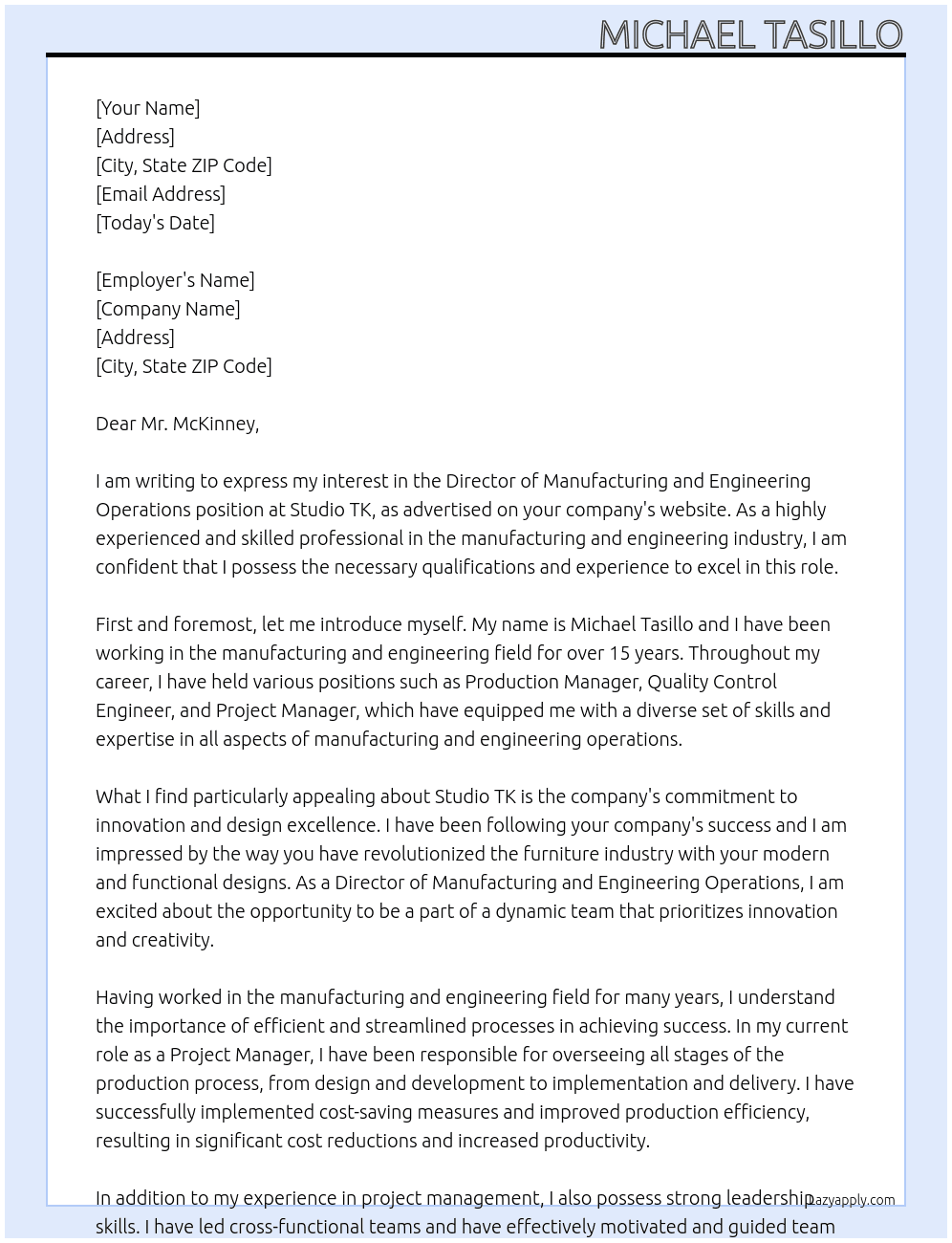 Director of Manufacturing and Engineering Operations At Studio TK Cover Letter