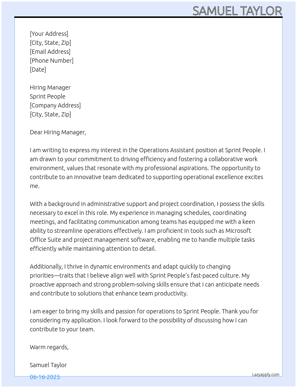 Operations Assistant At Sprint People Cover Letter
