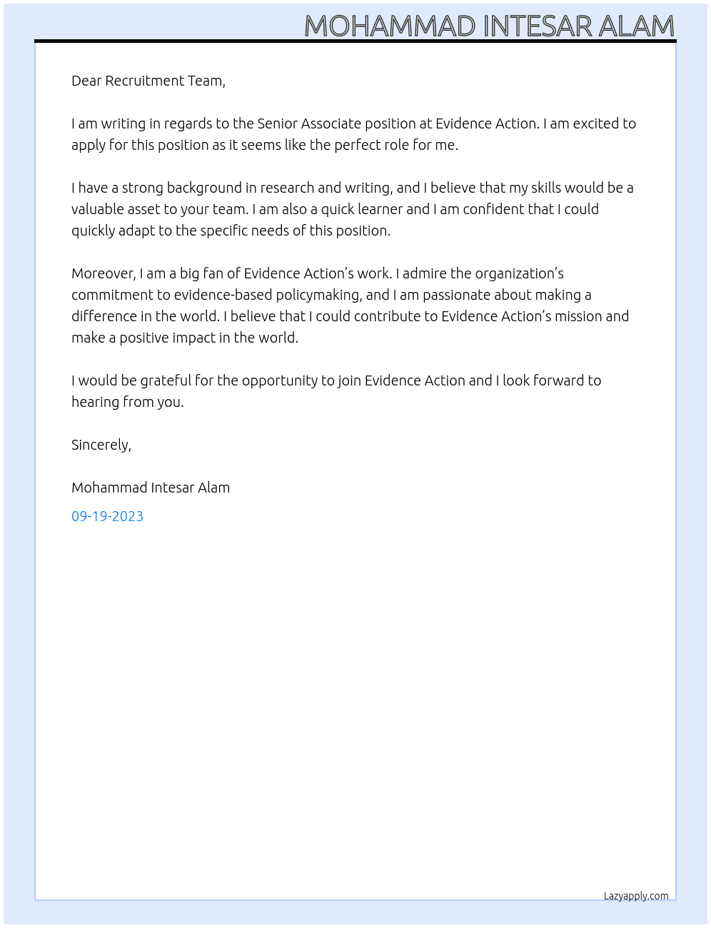 Senior Associate  At Evidence Action Cover Letter