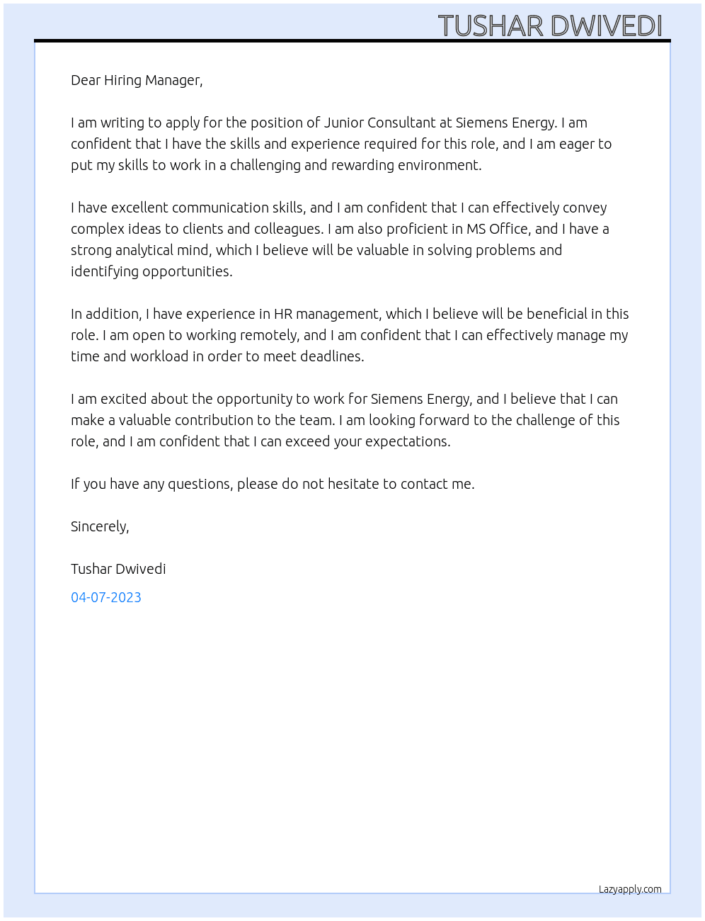 Junior Consultant  At Siemens Energy  Cover Letter