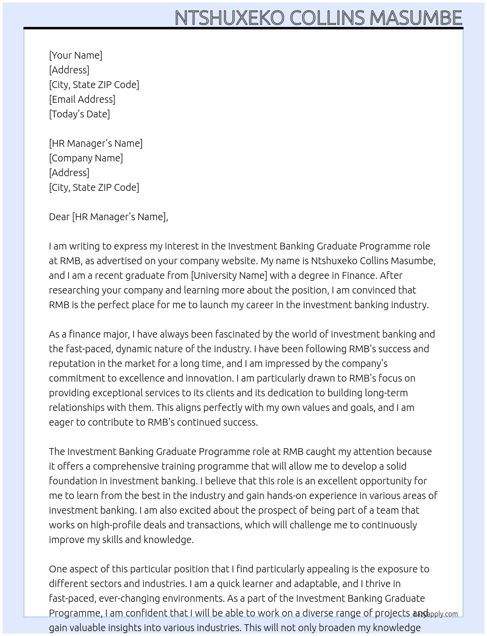 Investment Banking At RMB Cover Letter